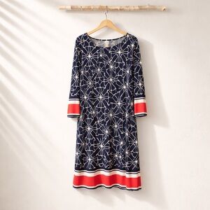 JMS 1x Polyester Spandex Modern Print 3/4 Sleeve Midi Dress